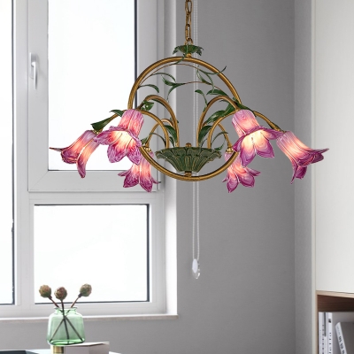 Traditional Flower Hanging Pendant 6 Heads White/Yellow/Purple Glass Chandelier Lighting Fixture for Dining Room