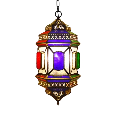 Vintage Lantern Pendant Chandelier 3 Lights Metal Hanging Lamp in Brass with Seeded Glass Shade