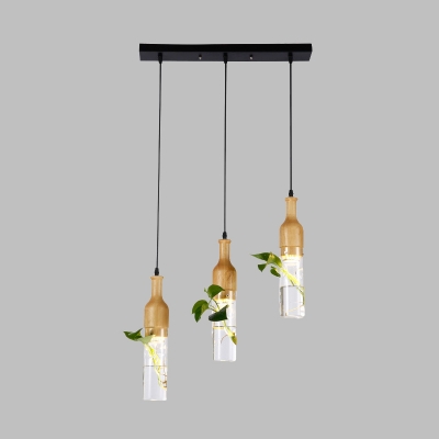 Wood 3/5 Bulbs Cluster Pendant Light Industrial Metal Wine Bottle LED Plant Hanging Lamp with Linear/Round Canopy