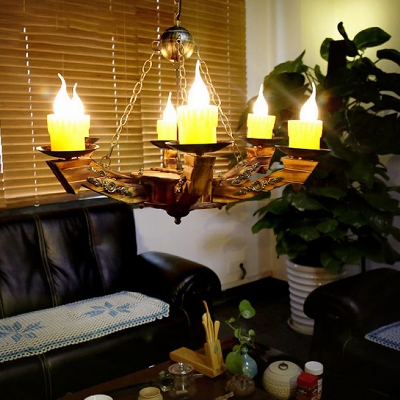 Yellow 6 Lights Chandelier Industrial Wood Candle Pendant Lighting Fixture for Living Room
