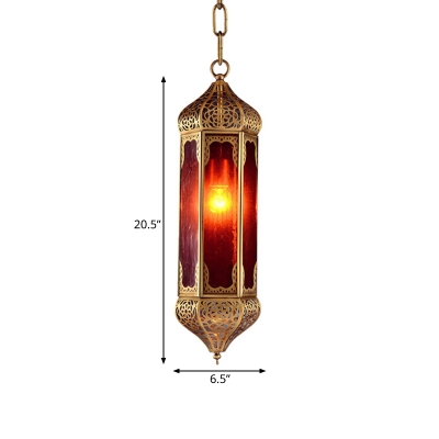 1 Bulb Hanging Light Fixture Art Deco Hallway Suspension Pendant Lamp with Geometric Red Glass Shade in Brass