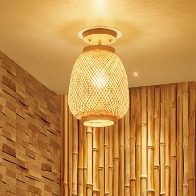 1 Bulb Lantern Semi-Flush Mount Japanese Bamboo Close to Ceiling Lighting in Beige