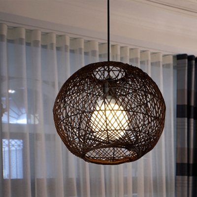1 Bulb Spherical Hanging Light Chinese Rattan Suspended Lighting Fixture in Coffee