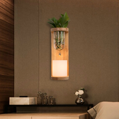 1 Head Cylinder Wall Sconce Industrial Wood Opal Glass LED Wall Light Fixture without Plant for Living Room