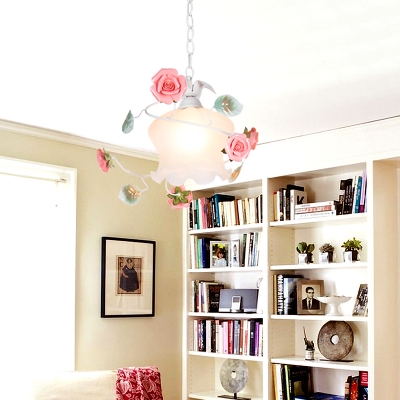 1-Bulb Suspension Lighting Pastoral Blossom White Glass Pendant Light Fixture for Living Room