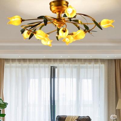 12 Lights Metal Semi Flush Light Traditional Brass Tulip Living Room LED Close to Ceiling Lighting