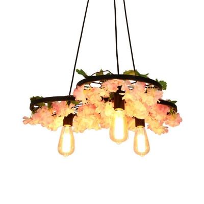 3 Lights Bare Bulb Chandelier Industrial Black Metal LED Flower Pendant Light for Restaurant