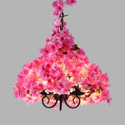 3 Lights Cherry Blossom Chandelier Industrial Pink Metal LED Pendant Light for Restaurant
