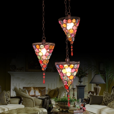 3 Lights Conical Cluster Pendant Bohemian Rust Metal Hanging Light Fixture with Round/Linear Canopy