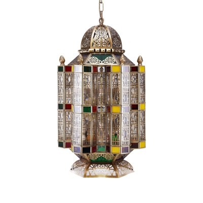 6 Heads Castle Chandelier Lighting Antiqued Brass Metal Ceiling Hang Fixture with Seeded Glass Shade