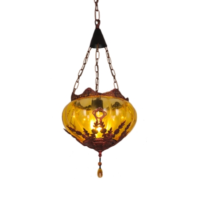 Amber Glass Copper Pendant Lighting Oval Shade 1 Head Vintage Hanging Ceiling Lamp