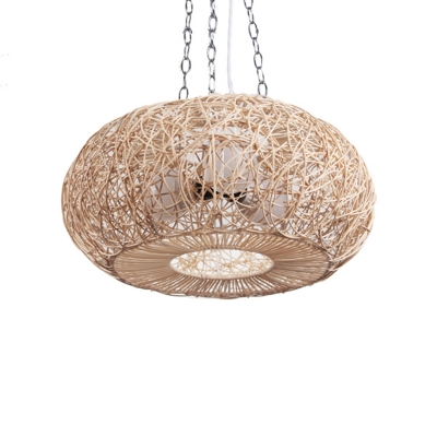 Bamboo Curved Drum Pendant Chandelier Asian 3 Heads Hanging Ceiling Light in Beige