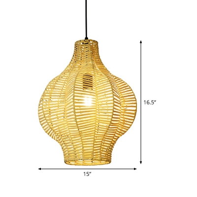Bamboo Lantern Pendant Lamp Asian 1 Bulb Beige Hanging Ceiling Light for Teahouse