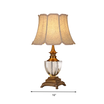 Beige 1 Light Table Lamp Traditionalist Faceted Crystal Paneled Bell Nightstand Light with Fabric Shade