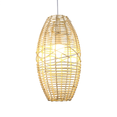 Beige Oval Ceiling Lamp Asian 1 Head Bamboo Hanging Pendant Light for Restaurant