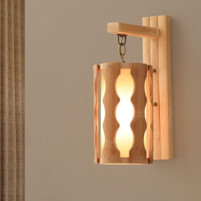 Beige Tube Sconce Asia 1 Bulb Wood Wall Mounted Lighting with Inner Parchment Shade
