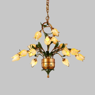 Brass 15 Heads Chandelier Lighting Vintage Frosted Glass Bloom LED Pendant Ceiling Light for Bedroom