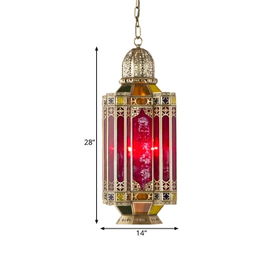 Brass 3 Lights Ceiling Chandelier Vintage Red Glass Cylinder Pendant Lighting for Bar