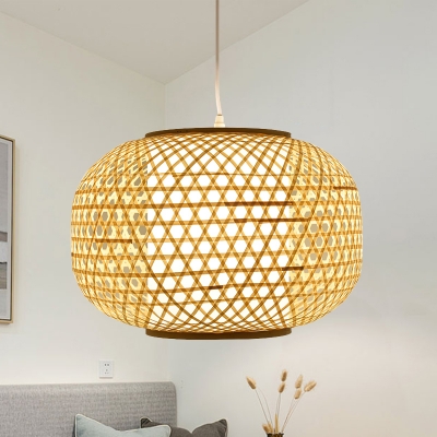 Chinese 1 Head Pendant Lighting Beige Lantern Ceiling Hanging Light with Bamboo Shade