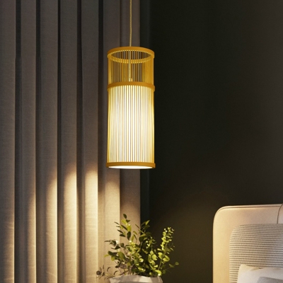 Cylinder Hanging Light Japanese Bamboo 1 Head Suspended Lighting Fixture in Wood