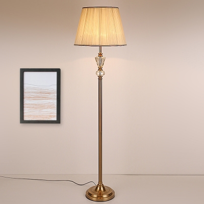 Fabric Tapered Floor Light Classic 1 Head Living Room Stand Up Lamp in Beige with Crystal Accent
