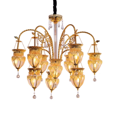Gold 10 Heads Ceiling Chandelier Art Deco Tan Prismatic Glass Urn Suspension Pendant with Crystal Accent