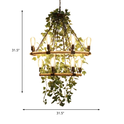 Green Bare Bulb Pendant Chandelier Vintage Metal 6/8/14 Bulbs Restaurant LED Hanging Ceiling Light with Plant