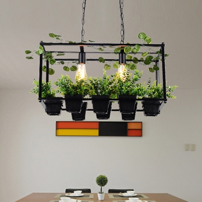Industrial Rectangle Island Light Fixture 2 Bulbs Metal LED Ceiling Suspension Lamp in Black with Plant