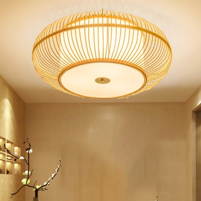 Lantern Flush Mount Asian Bamboo 1 Head Beige Ceiling Light Fixture with Inner Cylinder White Shade