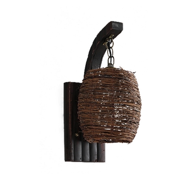 Lantern Rattan Wall Lamp Asia 1 Head Brown Sconce Light Fixture with Rectangle Bamboo Backplate