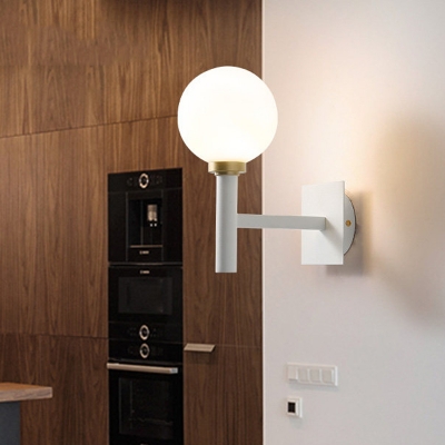 Metal Pencil Arm Sconce Light Modern 1 Head White Wall Lighting Fixture with Opal Glass Shade