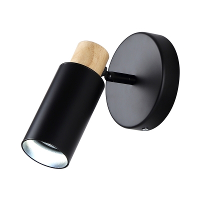 Metal Tubular Sconce Contemporary 1 Head Black Wall Mounted Light Fixture with Wood Cap