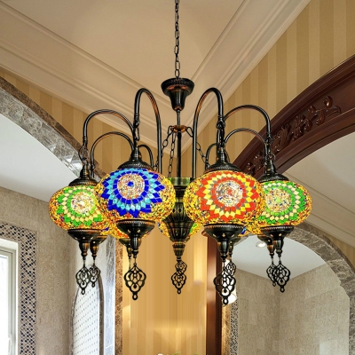 Oval Restaurant Pendant Chandelier Vintage Stained Glass 9 Bulbs Yellow/Green Ceiling Hang Fixture