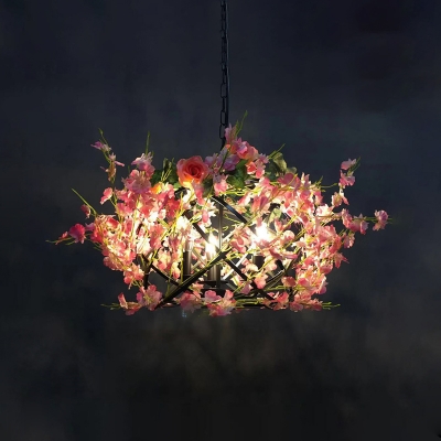 Pink Blossom Pendant Chandelier Retro Metal 3 Bulbs Restaurant Suspension Light