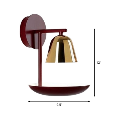 Red Armed Wall Lamp Contemporary 1 Head Metal Sconce Light Fixture with Gold Bell Shade