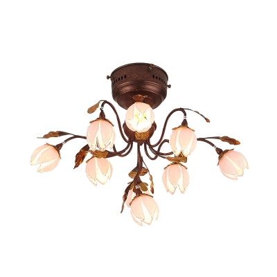 Rust 9 Heads Semi Flush Light Antique Frosted Pink Glass Lotus LED Ceiling Fixture for Living Room