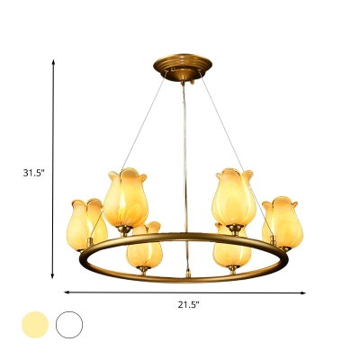 Traditional Blossom Chandelier Lighting Fixture 6 Heads White/Yellow Glass LED Pendant Ceiling Light