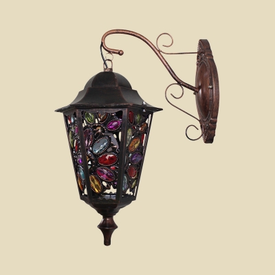 Traditional Lantern Wall Lighting Metal 1 Head Sconce Light Fixture in Black with Circle/Floral Crystal Deco