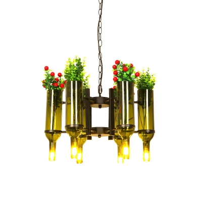 Wine Bottle Restaurant Chandelier Light Industrial Metal 6 Bulbs LED Green Plant Hanging Lamp