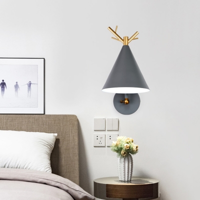 1 Bulb Bedside Sconce Modern Grey Wall Mounted Lighting with Conical Metal Shade