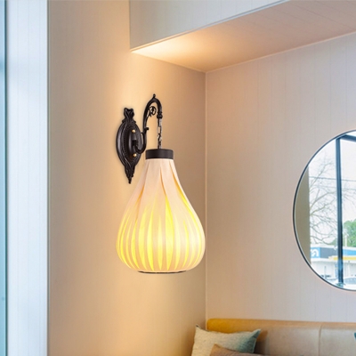 1 Bulb Bedside Wall Lamp Asian Beige Sconce Light Fixture with Teardrop Wood Shade