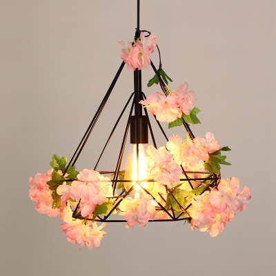 1 Bulb Diamond Hanging Pendant Vintage Black Metal LED Ceiling Hang Fixture with Cherry Blossom, 10