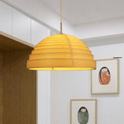 1 Bulb Dining Room Hanging Lamp Asian Beige Ceiling Pendant Light with Hemisphere Wood Shade