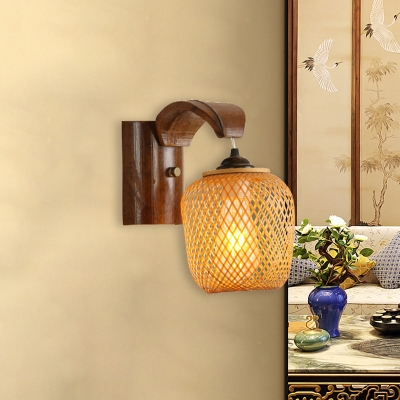 1 Bulb Living Room Wall Lamp Asian Brown Sconce Light Fixture with Urn Bamboo Shade
