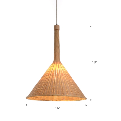 1 Bulb Restaurant Ceiling Lamp Asian Flaxen Hanging Light Fixture with Conical Bamboo Shade