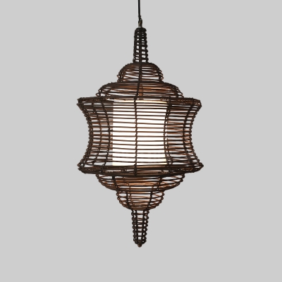 1 Bulb Restaurant Ceiling Light Asian Coffee Pendant Lighting Fixture with Curved Rattan Shade