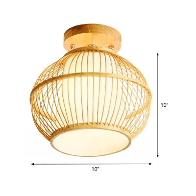1 Head Bedroom Semi-Flush Mount Asia Wood Ceiling Mounted Light with Sphere Bamboo Shade