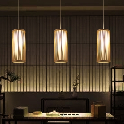 1 Head Cylindrical Hanging Lamp Chinese Bamboo Ceiling Pendant Light in Wood for Bedroom