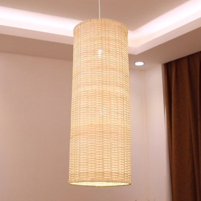 1 Head Cylindrical Pendant Lighting Japanese Bamboo Ceiling Suspension Lamp in Beige