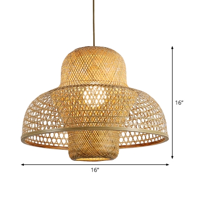 1 Head Hand-Worked Hanging Light Chinese Bamboo Suspended Lighting Fixture in Flaxen